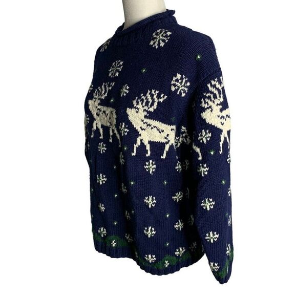 Vintage Jones New York Hand Knit Sweater M Petite Blue Reindeer Pullover - Picture 3 of 6